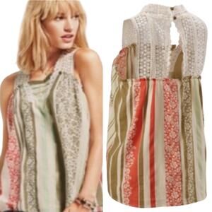 Cabi Whisper Gauze Sleeveless Floral Lace Top Cream Sage Green Pink Small